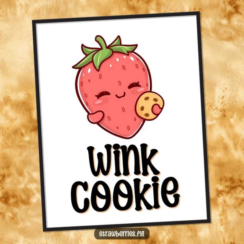 Funny kawaii strawberry character winking while holding a tiny cookie on this artistic print.