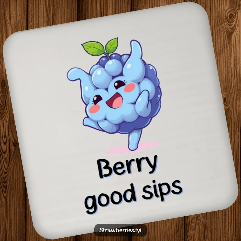 Funny Coaster: A playful blueberry character doing a somersault with a grin, protecting surfaces with a humorous and eye-catching design.