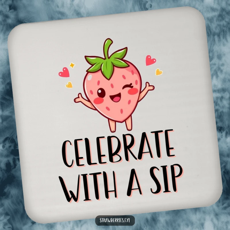 Funny drink coaster with a strawberry character striking a celebratory pose and winking, protecting surfaces with victory humor.