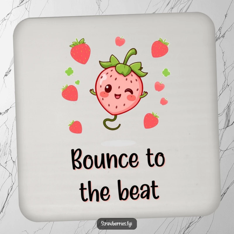 Funny kawaii strawberry character bouncing on a springy stem on a protective drink coaster, adding humorous flair to surfaces.