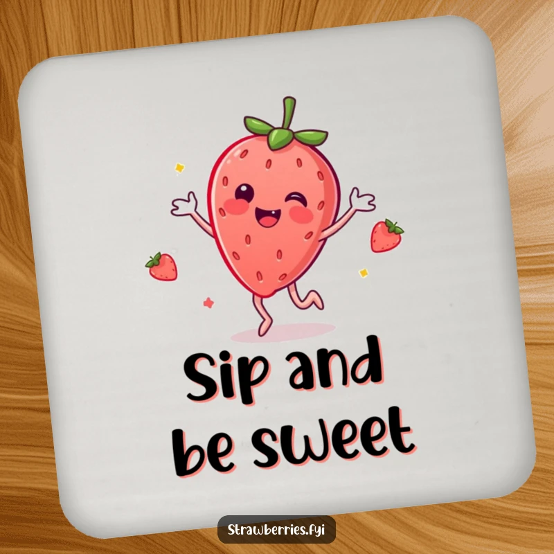 Funny drink coaster featuring a cheerful anthropomorphic strawberry dancing with joy, protecting surfaces with flair.