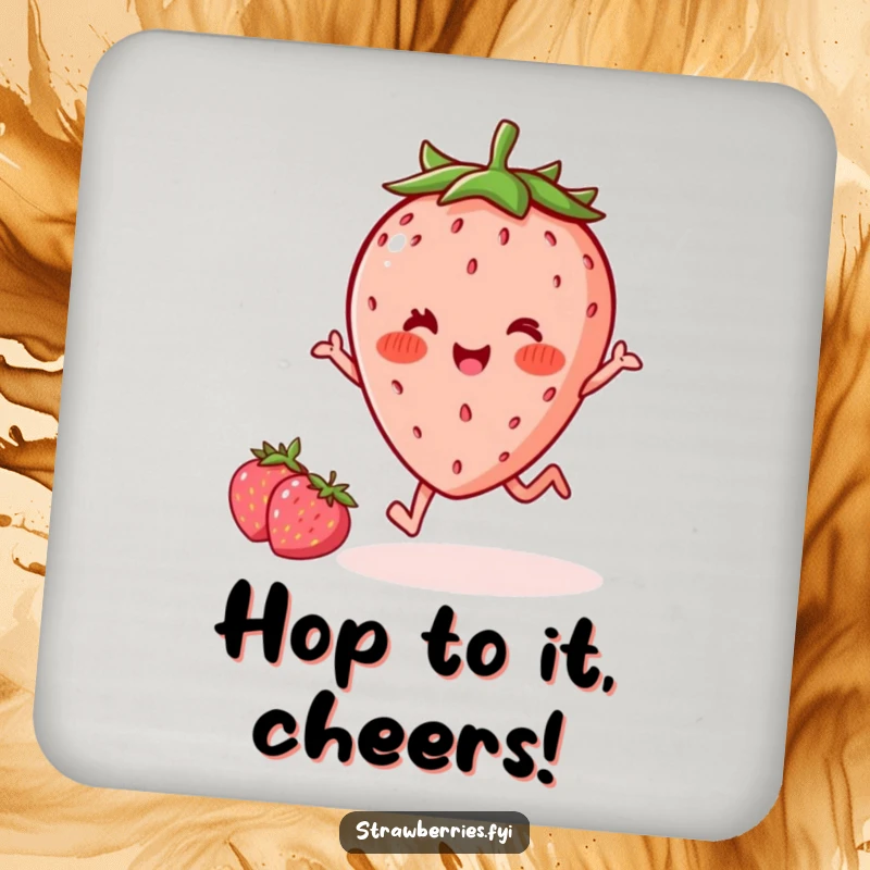 Funny delighted kawaii strawberry character with rosy cheeks doing a little hop on a protective drink coaster, adding humorous flair to surfaces.