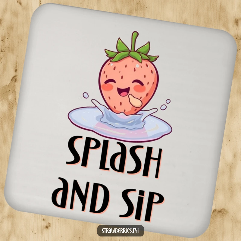 Funny drink coaster featuring a happy strawberry character splashing in a puddle, adding a humorous element to drink protection.