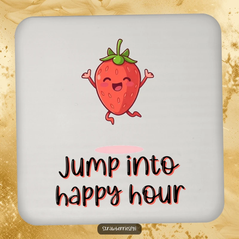 Funny drink coaster featuring a joyful anthropomorphic strawberry mid-jump, adding a cheerful element.