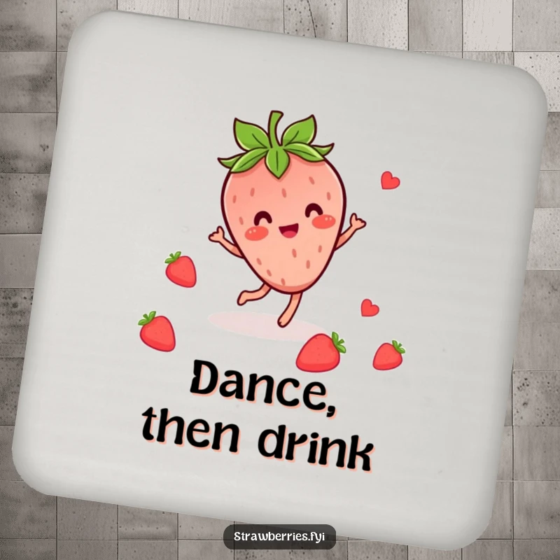 Funny drink coasters featuring a cheerful Kawaii strawberry character in a happy dance pose with leaf accents.