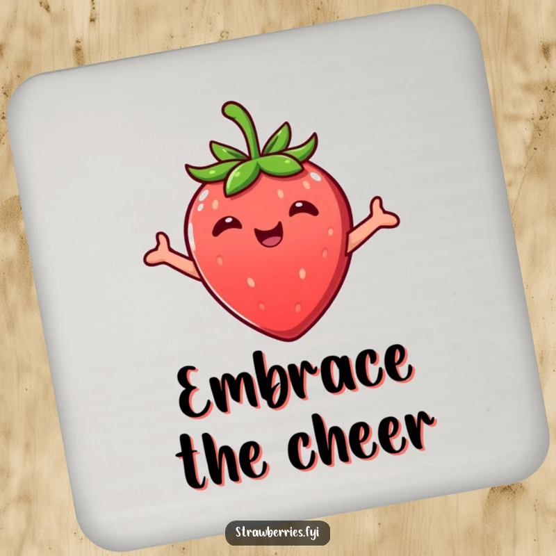 Funny Kawaii strawberry character in a happy embrace on a protective drink coaster, adding sweet decor.