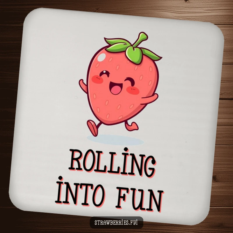 Funny Kawaii strawberry character rolling with glee on a protective drink coaster, adding joyful decor.