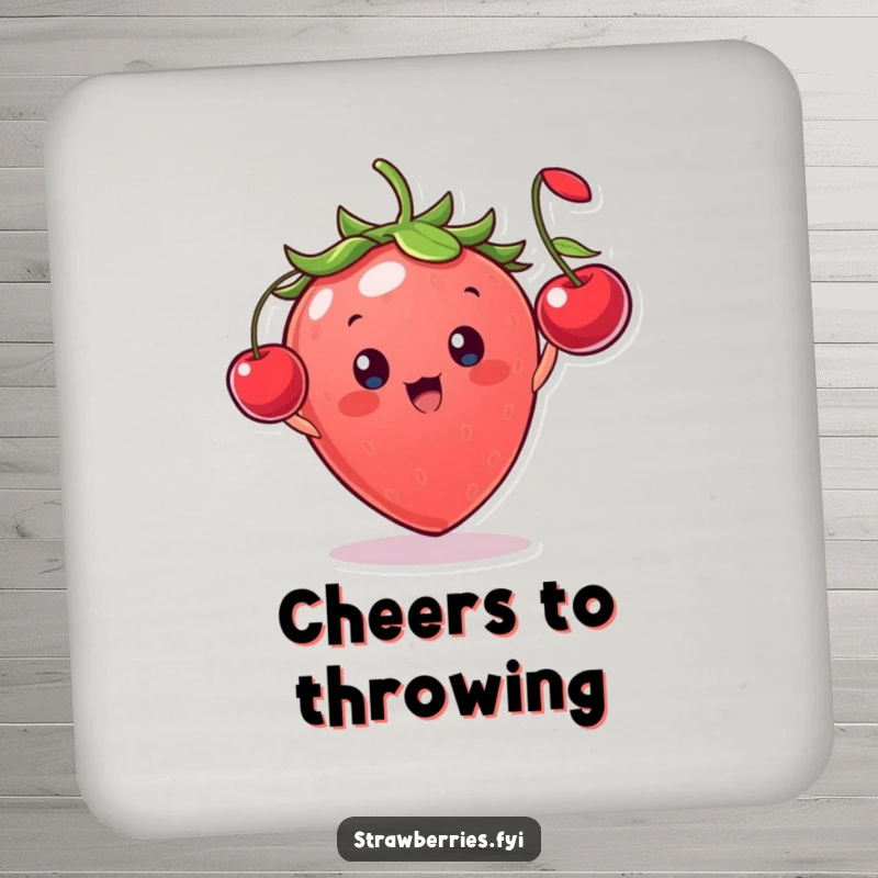 Funny strawberry character gleefully tossing a tiny cherry, a protective and humorous drink coaster for any setting.