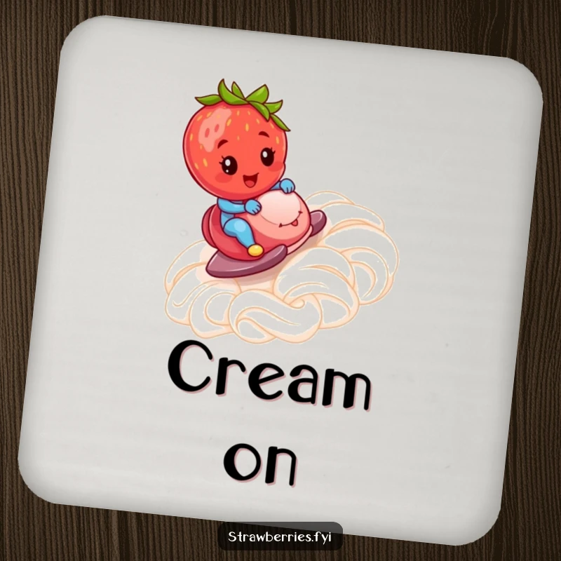 Funny Coaster: A strawberry zooming down a whipped cream ramp, offering humorous surface protection with a sweet theme.
