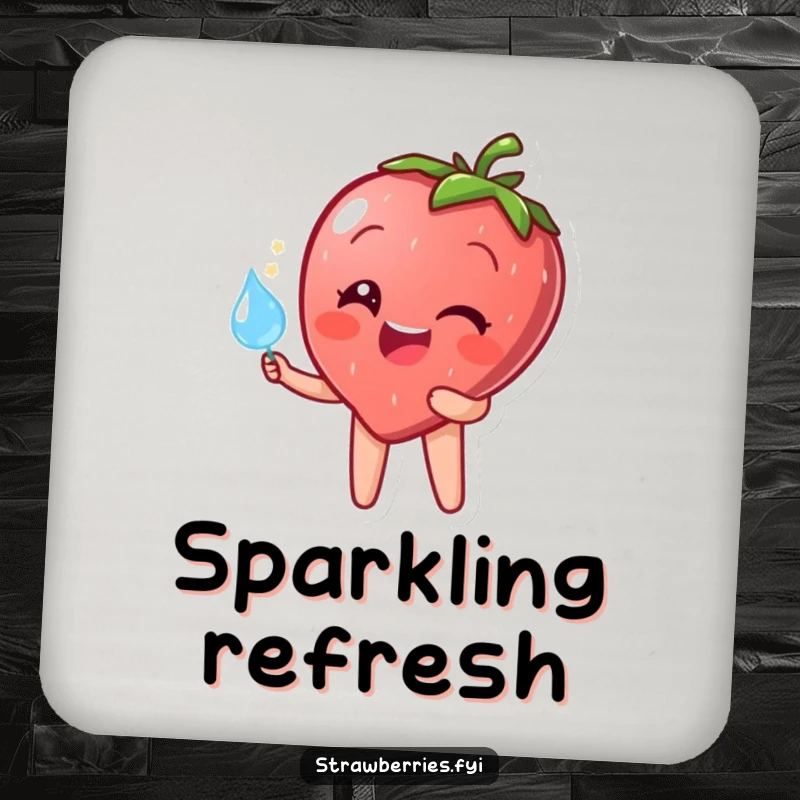 Funny drink coaster featuring a happy strawberry character holding a sparkling dewdrop, adding a cheerful and humorous touch.