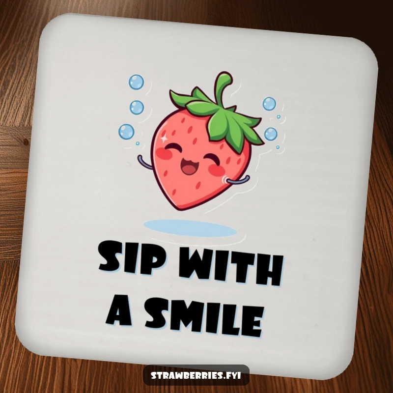 Funny Coaster displaying a giggling strawberry character juggling miniature water droplets with a bright, cheerful smile.