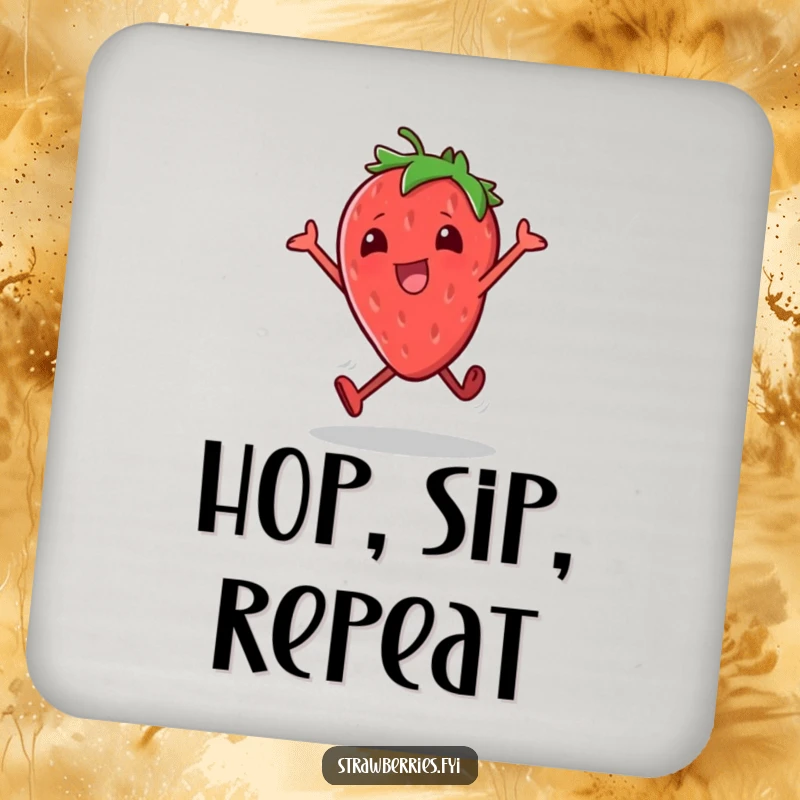 Funny drink coaster with a cheerful strawberry character doing small excited hops, adding a humorous and energetic touch to any beverage setting.