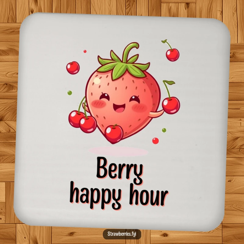 Funny drink coaster featuring a gleeful strawberry juggling tiny cherries, a miniature dose of fruity fun.