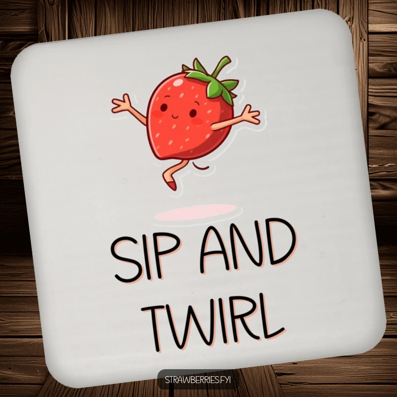 Funny Drink Coaster featuring a joyful strawberry character doing a pirouette, adding sweet humor to tables.