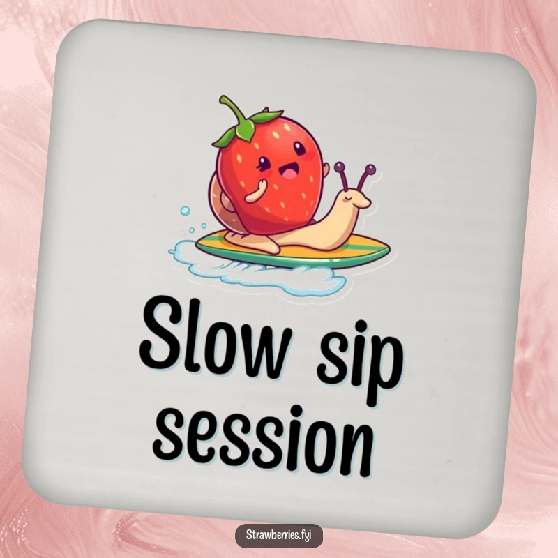 Funny drink coasters featuring a strawberry character surfing on a snail like a surfboard, adding a whimsical and humorous touch to tabletops.