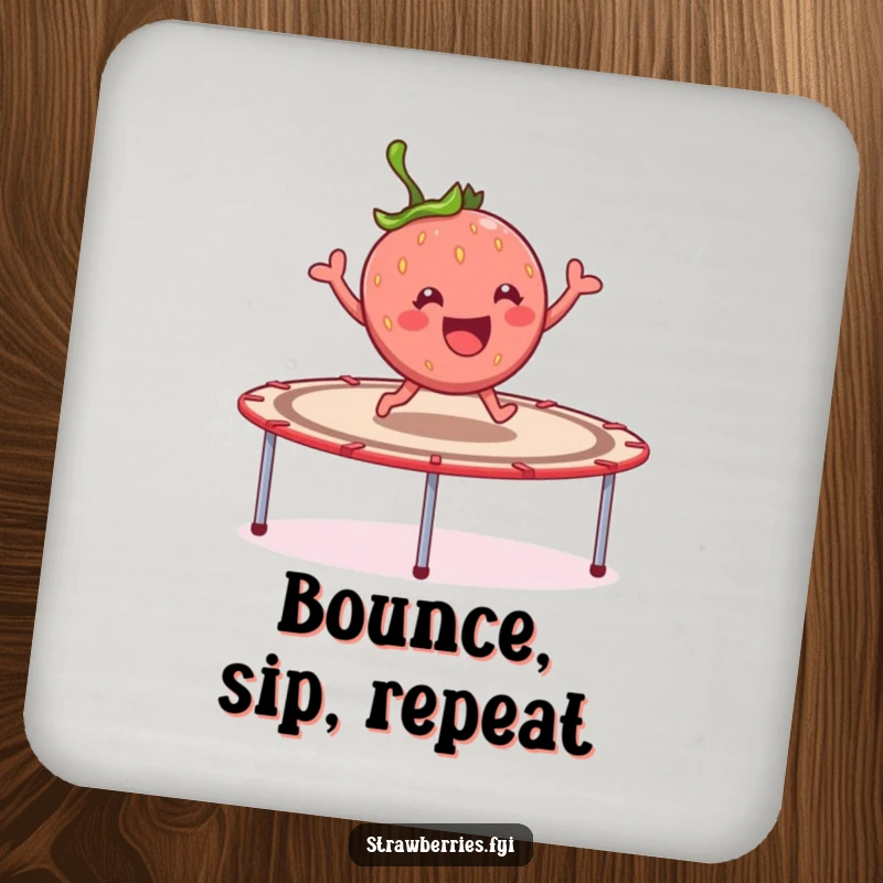 Funny cheerful strawberry character joyfully bouncing on a giant trampoline, a protective and humorous drink coaster.