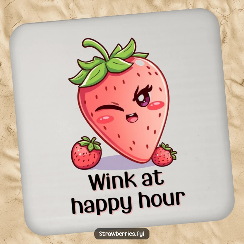 Funny drink coaster featuring a winking strawberry character with a mischievous glint, adding a playful and humorous touch.