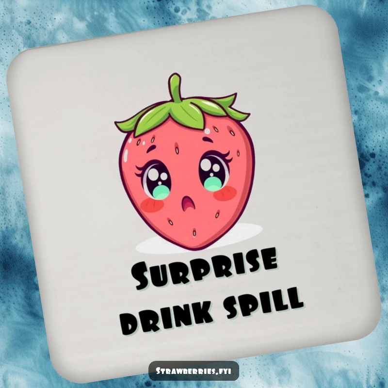 Funny drink coaster featuring a surprised strawberry with wide eyes, comically falling backward, a humorous touch.