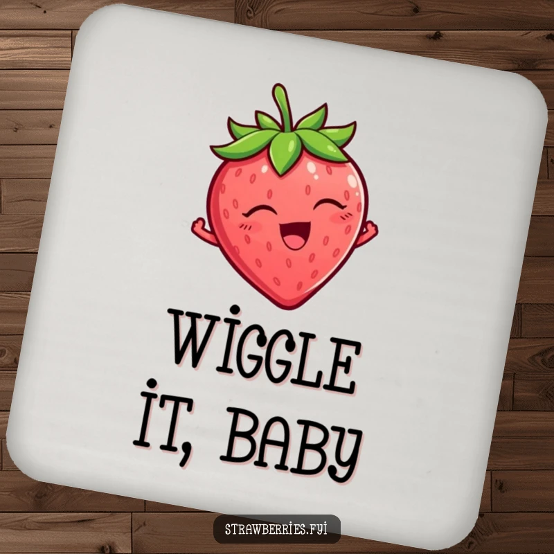 Funny Strawberry Coasters featuring a tickled strawberry character wiggling with pure delight, protecting surfaces with humor for a funny gift.