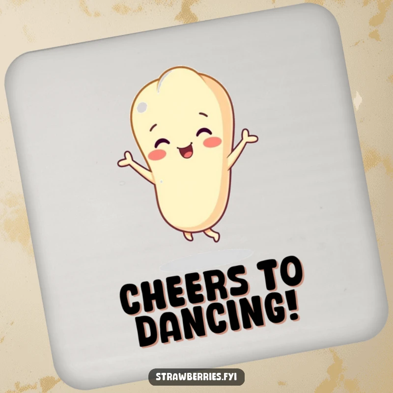 Funny vanilla bean character in a happy dance pose, round drink coaster, protects surfaces with cheer.