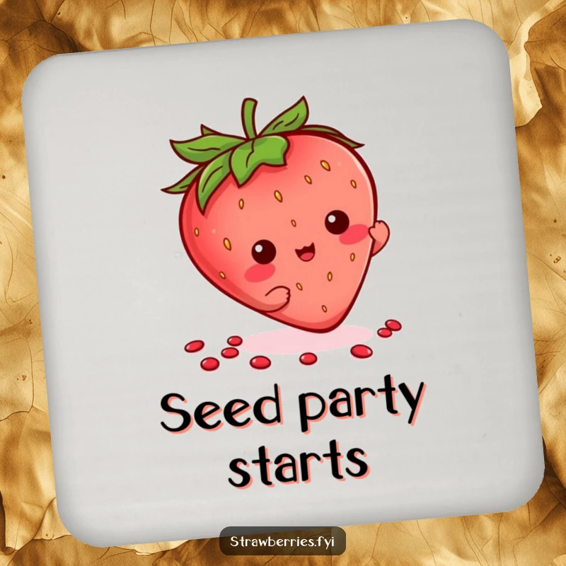 Funny Kawaii Strawberry Coaster featuring a character playfully doing a little flourish with its seeds.