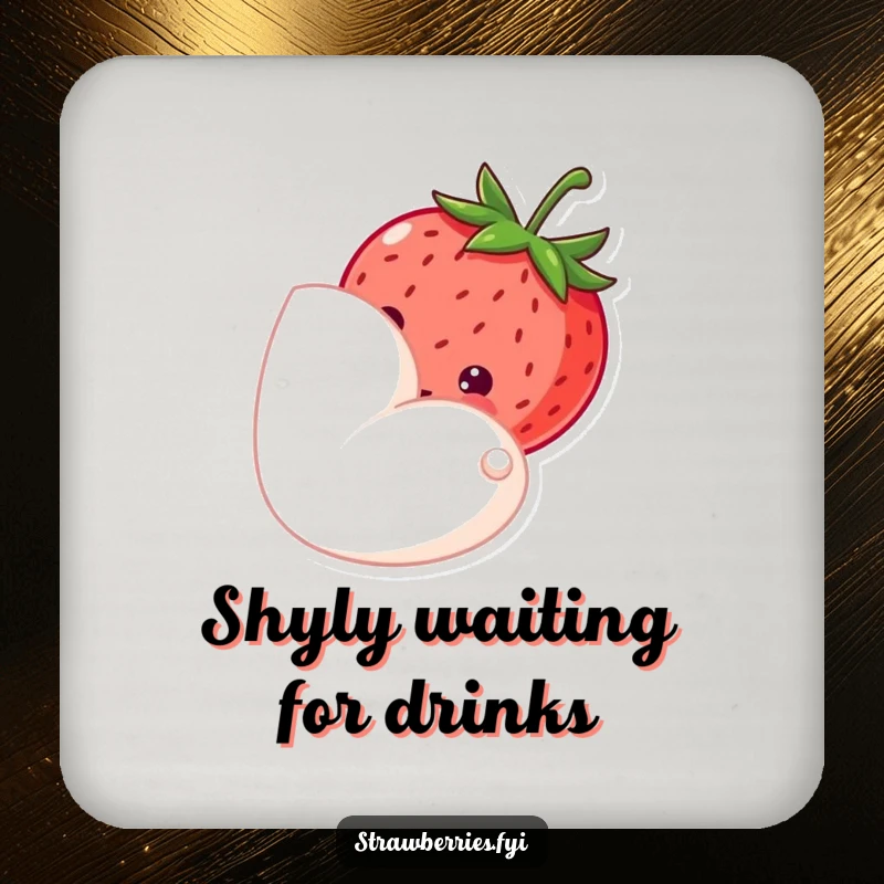 Funny drink coaster featuring a shy strawberry peeking from behind a petal, protecting surfaces with a touch of gentle humor.
