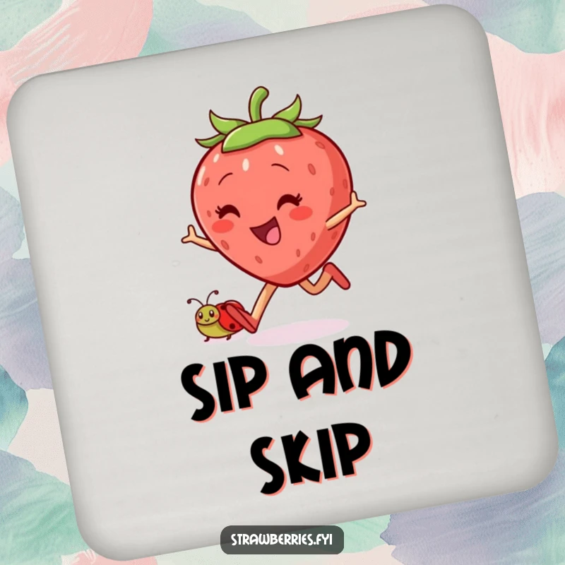 Funny skipping strawberry coaster with a jovial character and ladybug companion joyfully skipping, protecting surfaces with cheerful humor.