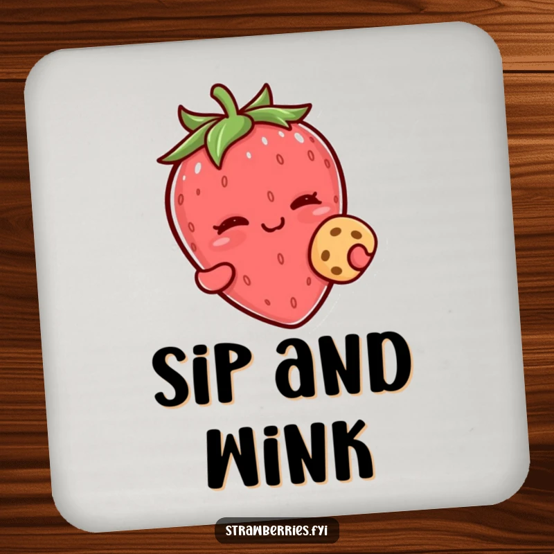 Funny kawaii strawberry character winking while holding a small cookie on this humorous drink coaster.