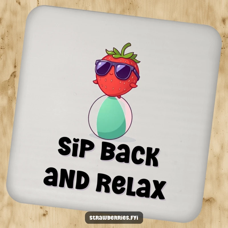 Funny strawberry wearing sunglasses balancing on a beach ball, a set of hilarious coasters.