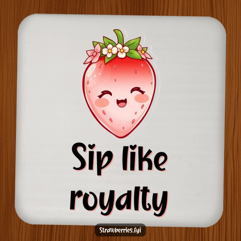 Funny strawberry coaster with a delighted character wearing a tiny flower petal crown, protecting surfaces with royal charm and humor.