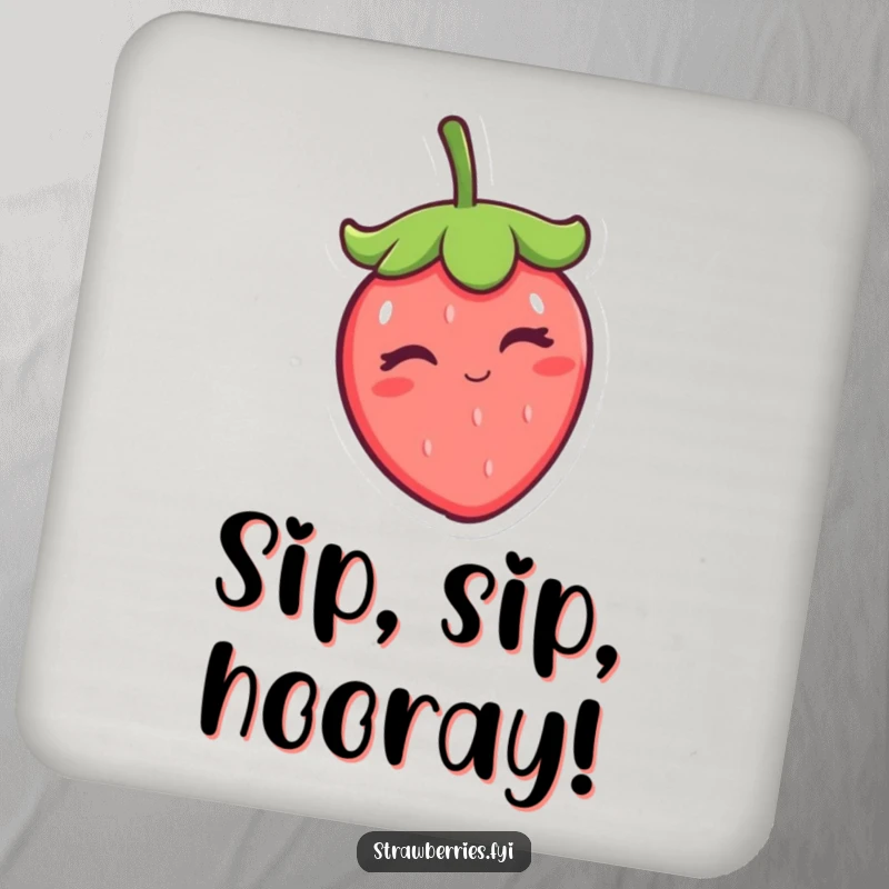 Funny winking kawaii strawberry character playfully tipping its hat on a protective drink coaster, adding humorous flair to surfaces.