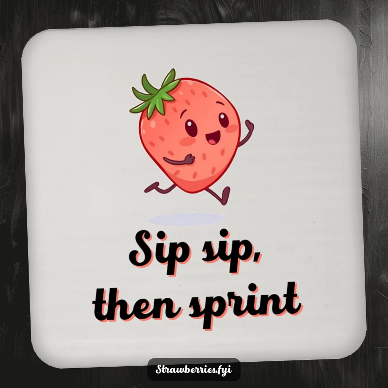 Funny drink coaster with a strawberry character on tiny legs sprinting towards a huge spoon, adding humorous dessert-themed decor.