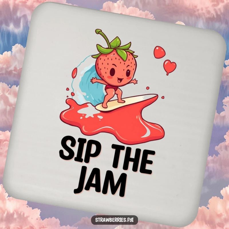 Funny Coaster: A strawberry surfing a cresting wave of jam, offering humorous surface protection with a sticky theme.