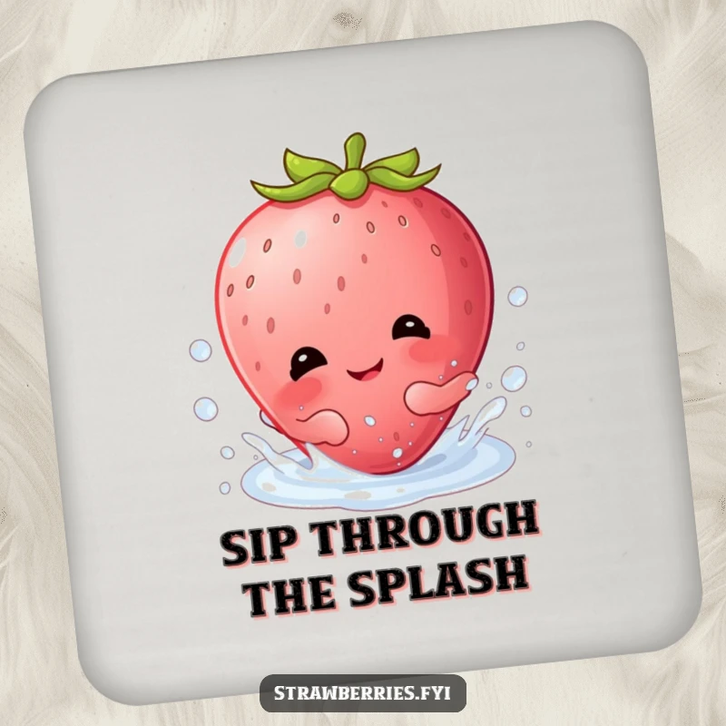 Funny drink coasters featuring a cheerful Kawaii strawberry character giggling and splashing playfully in a dewdrop.