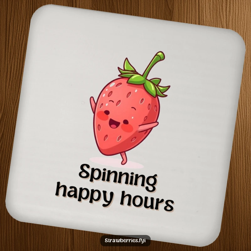Funny drink coaster featuring an anthropomorphic strawberry mid-cartwheel, adding a playful and protective element.