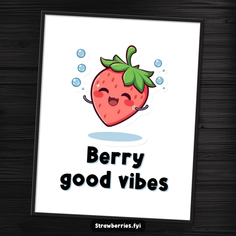 Funny Poster of a giggling strawberry character expertly juggling tiny water droplets with a radiant, happy smile.