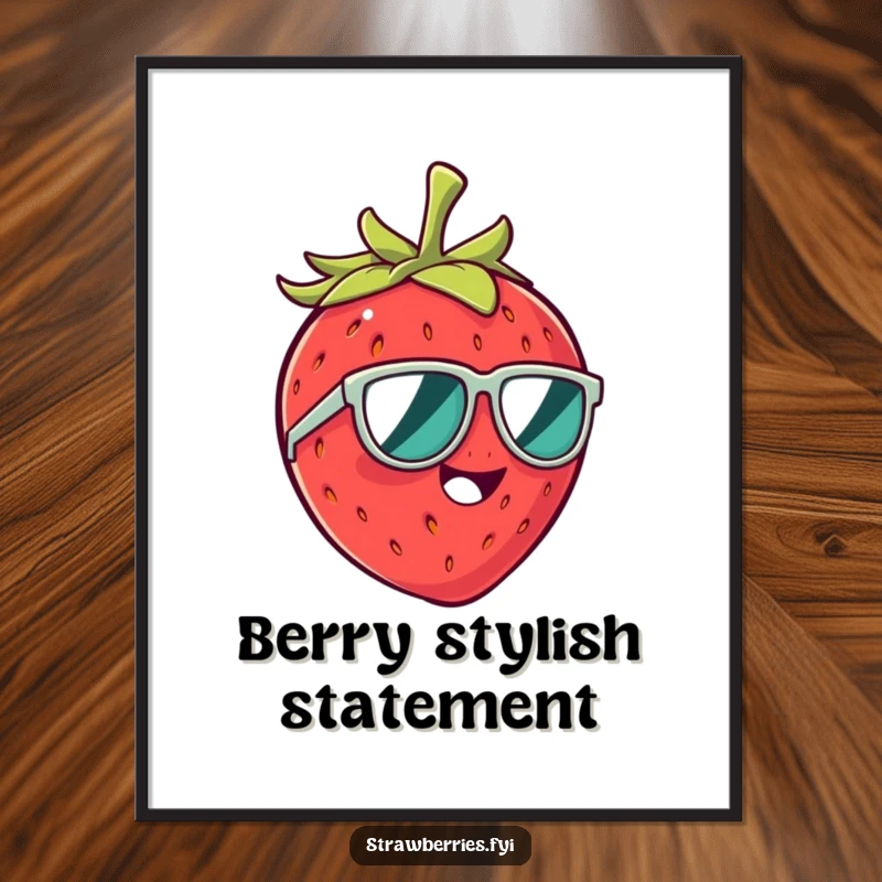 Funny poster print of a jubilant strawberry character wearing miniature sunglasses and giggling with infectious glee.