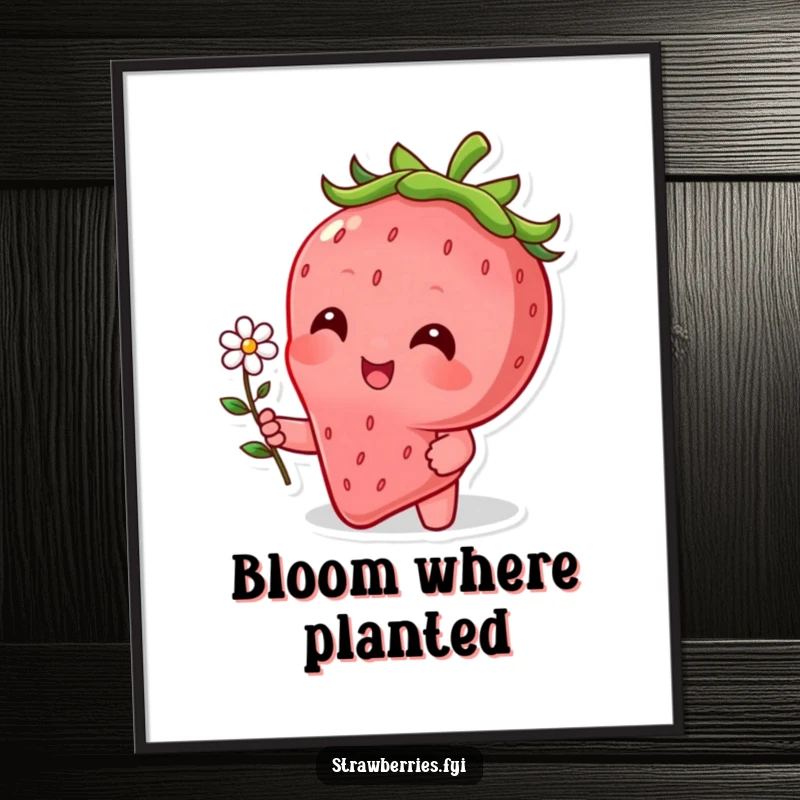 Funny poster featuring a beaming strawberry character presenting a small, delicate flower, adding a touch of joy.