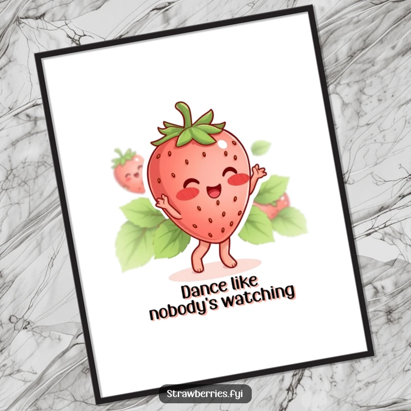 Funny poster of a blushing strawberry character happily dancing with its leaves, adding fruity cheer.
