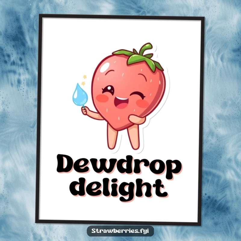 Funny poster art of a happy strawberry character holding a sparkling dewdrop, radiating pure joy and refreshing humor.