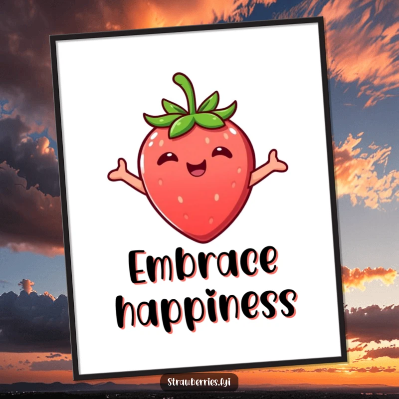 Funny Kawaii strawberry character with outstretched arms in a celebratory embrace on a vibrant poster.