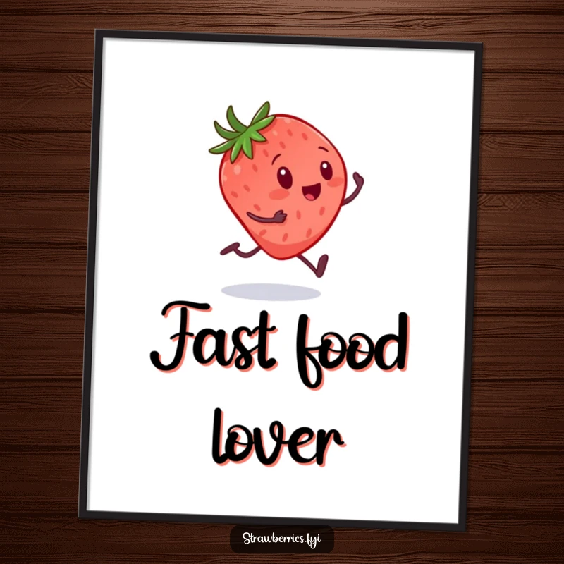 Funny poster showing a tiny strawberry with legs sprinting with excitement towards a massive spoon, representing a humorous love for desserts.