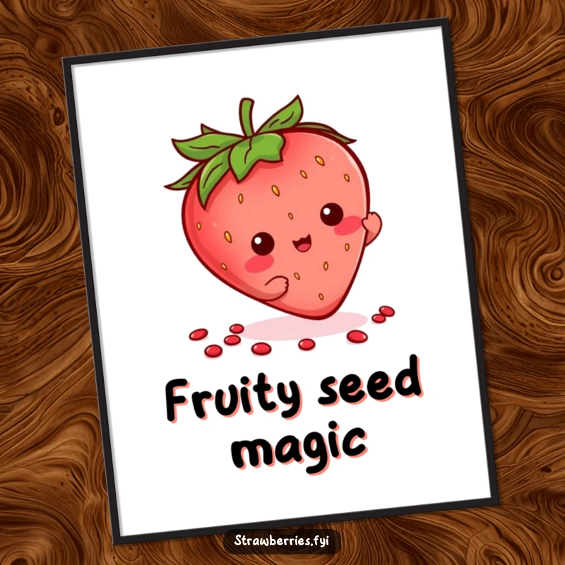 Funny Kawaii Strawberry Poster showing a character in mid-flourish, playfully tossing its seeds with a cheerful expression.