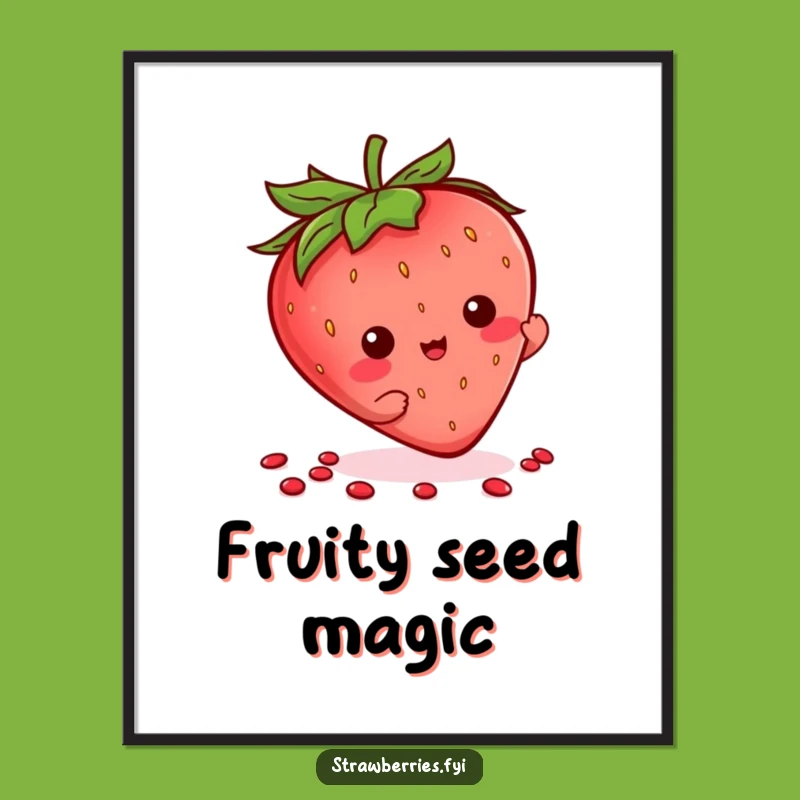 Funny Kawaii Strawberry Seed Flourish Poster, Quirky Strawberry Wall Art