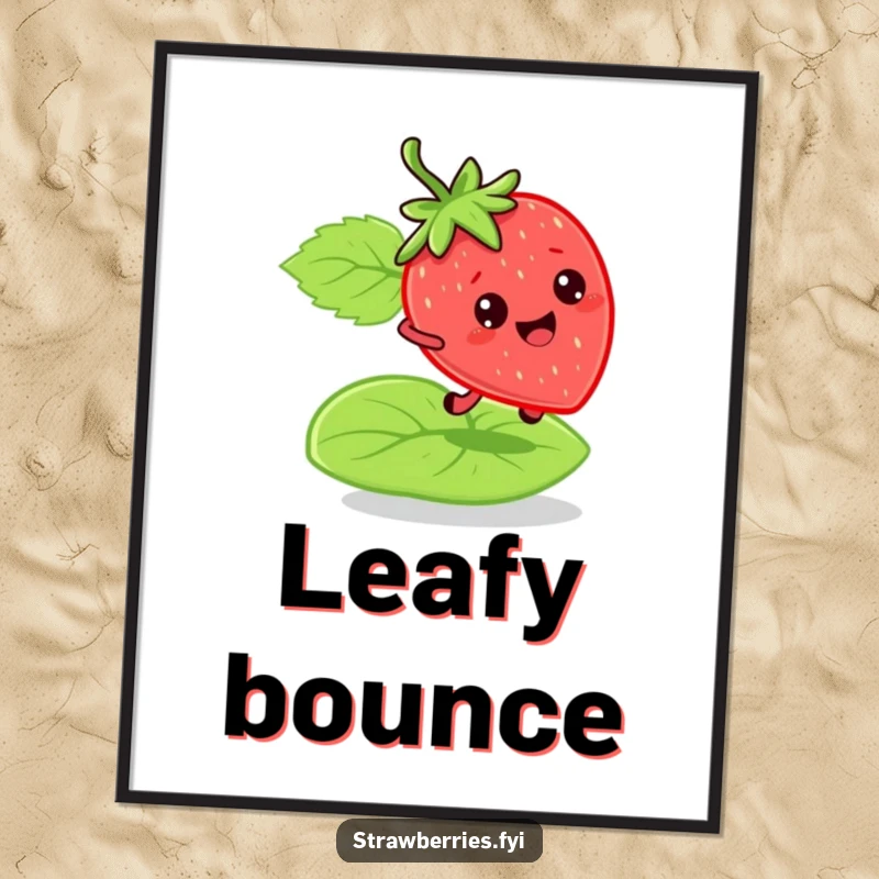 Funny bouncy strawberry poster featuring a character joyfully bouncing on a soft green leaf, adding lively and humorous wall art.