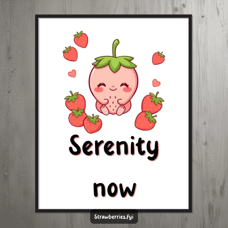 Funny poster featuring a serene strawberry character sitting peacefully with a subtle smile, evoking calm and happiness.