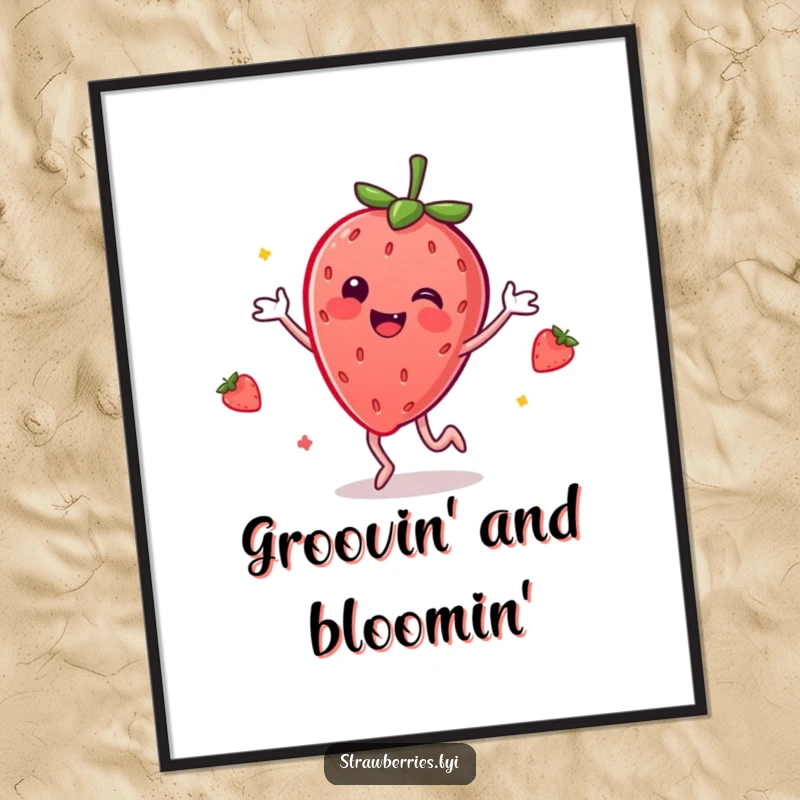 Funny poster depicting a smiling anthropomorphic strawberry dancing ecstatically, adding a burst of color and joy.