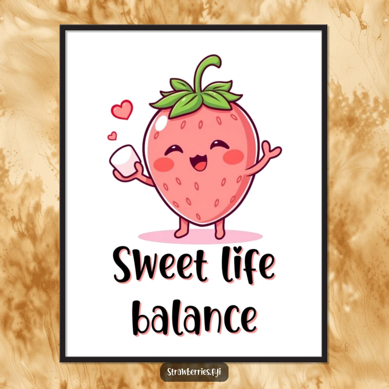 Funny poster of a giggling strawberry character expertly juggling a tiny sugar cube, perfect for adding whimsical and sweet humor.