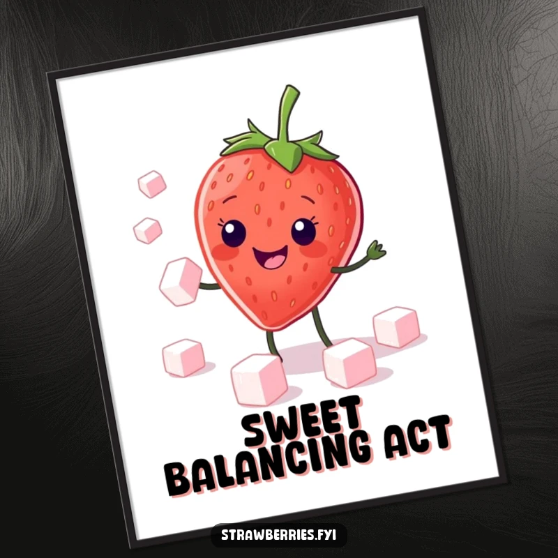 Funny Poster: A vibrant kawaii strawberry character with a wide, cheerful grin, masterfully juggling small sugar cubes.