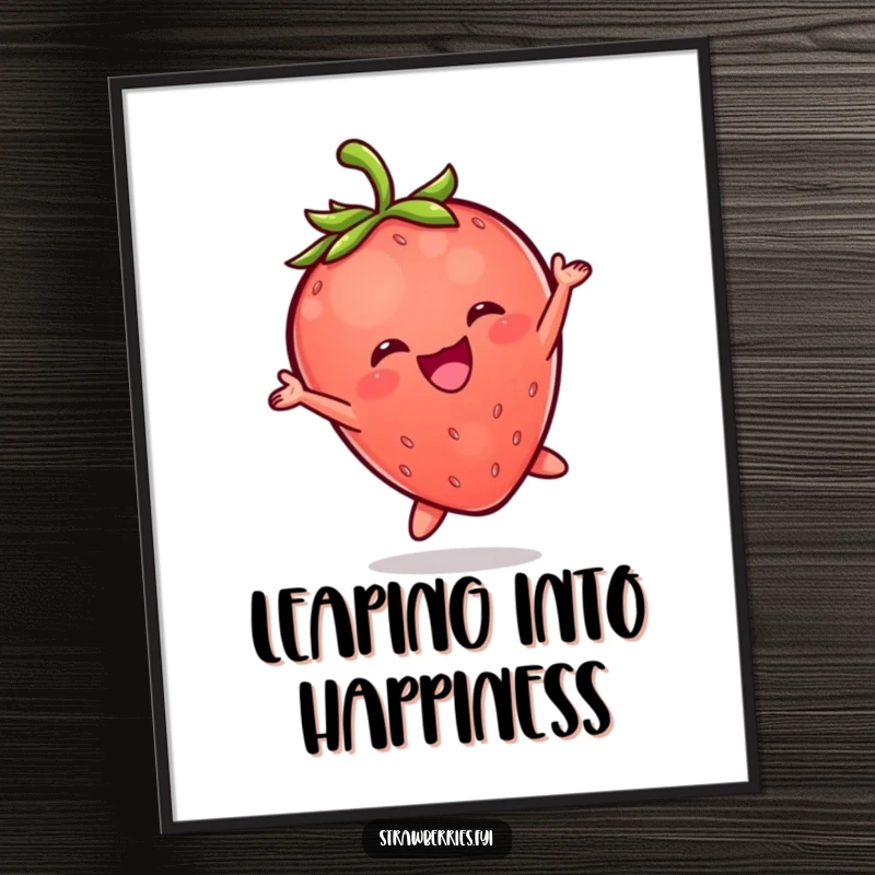 Funny poster print of a jubilant Kawaii strawberry character executing an energetic, uplifting leap against a simple background.